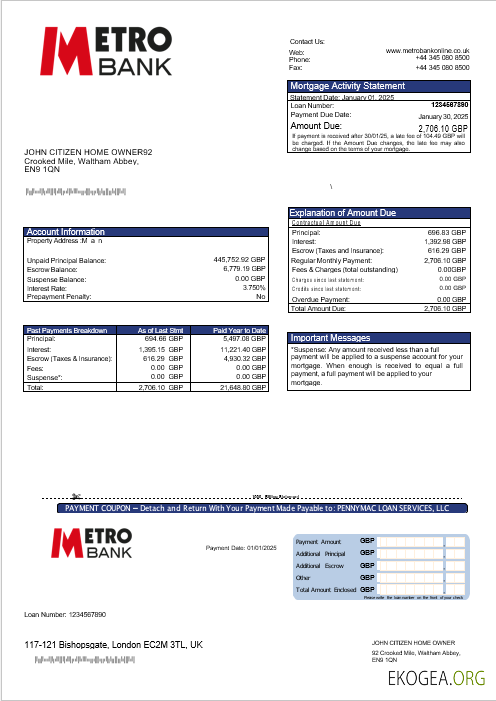 Relevé hypothécaire de la Metro Bank du Royaume , Uni aux formats Word et PDF